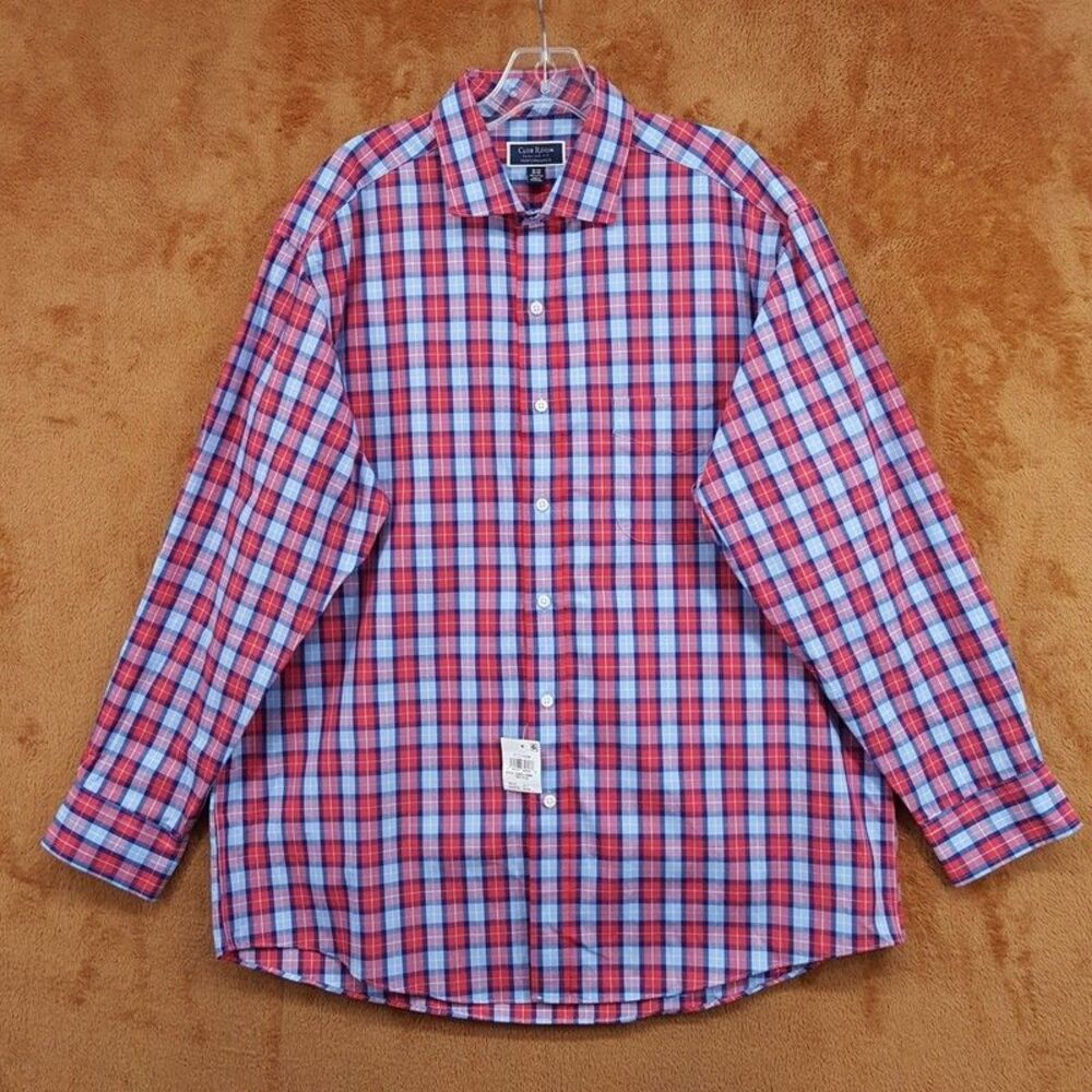 CLUB ROOM Dress Shirt Mens Size 16.5 32 33 Red Blue Plaid Check Pocket